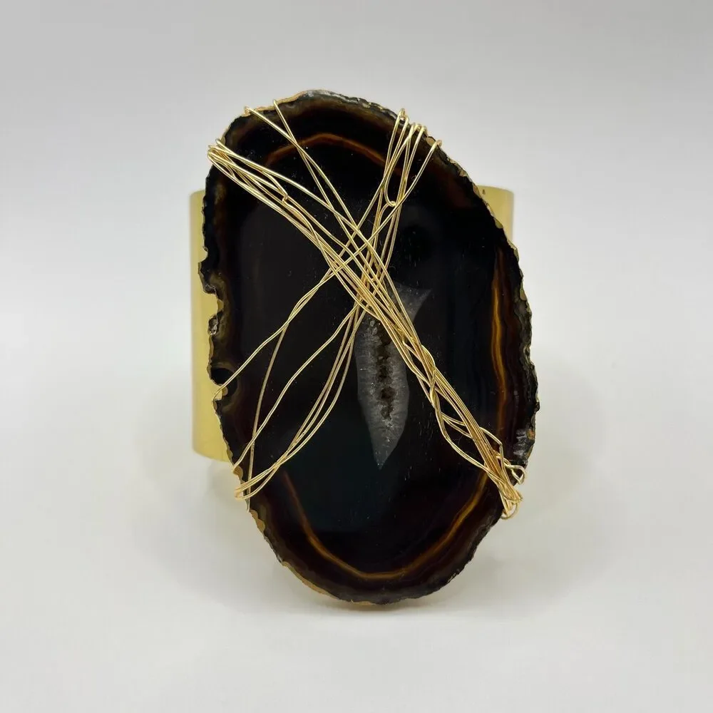 Black Wire Wrapped Geode Cuff Bracelet Gold Tone Metal Agate Slice Stone Mens